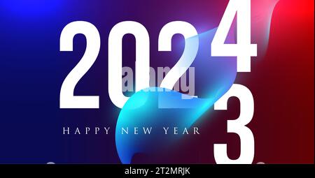 2023 and 2024 numbers in dynamic blending glowing fluid lines, vibrant gradient colors, touch of maroon and dark azure. Perfect for banners Stock Vector