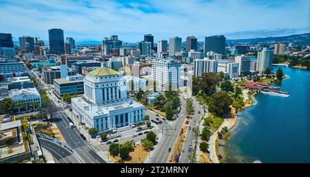 Wide view of Oakland City in California with aerial of Alameda County Superior Courthouse Stock Photo