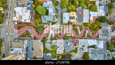 Aerial straight down view Lombard Street with cars driving down red brick road Stock Photo