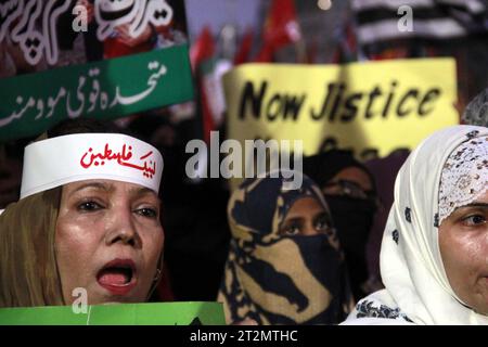 A large number of supporters and activists of Muttahida Qaumi Movement (MQM-P) are holding protest rally against Israeli cruel and inhumane acts and express unity with the innocent people of Palestine, at Shahrah-e-Faisal in Karachi on Friday, October 20, 2023. Stock Photo