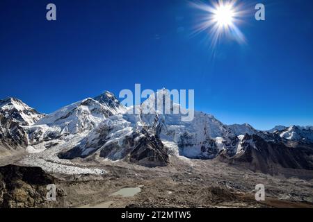 Panorama of Nuptse and Mount Everest seen from Kala Patthar Stock Photo