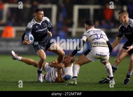 Newcastle Falcons' Adam Radwan looks to offload the ball as he is tackled during the Gallagher Premiership match at Kingston Park, Newcastle. Picture date: Friday October 20, 2023. Stock Photo