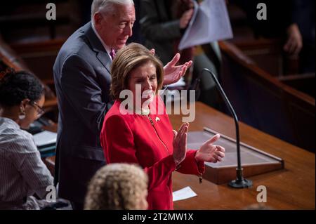 United States Representative Steny Hoyer (Democrat of Maryland), left, and United States Representative Nancy Pelosi (Democrat of California), right, applaud House Speaker nominee United States House Minority Leader Hakeem Jeffries (Democrat of New York), during the third attempt for the vote for Speaker of the House of Representatives, at the U.S. Capitol in Washington, DC, Friday, October 20, 2023. The position of House Speaker has been has been vacant for more than two weeks since Speaker of the United States House of Representatives Kevin McCarthy (Republican of California) was ousted from Stock Photo