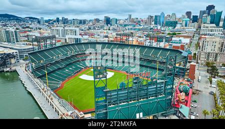 Aerial backside of Oracle Park with coca cola slide and view of city building skyscrapers Stock Photo