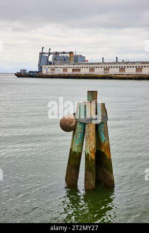 Multiple old worn down pier poles sticking out of water with Pier 40 in background on cloudy day Stock Photo