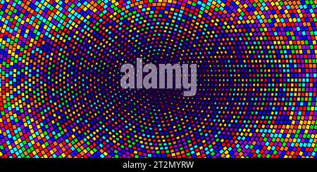 A radial mosaic of rainbow colors made from square tiles that decrease towards the center. Vector tunnel or portal. Abstract pattern on a black backgr Stock Vector