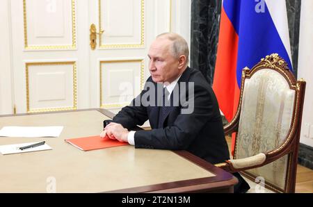 Moscow, Russia. 20th Oct, 2023. Russian President Vladimir Putin chairs a video conference meeting with members of the Security Council from the Kremlin, October 20, 2023 outside Moscow, Russia. Credit: Gavriil Grigorov/Kremlin Pool/Ģ����ý Live News Stock Photo