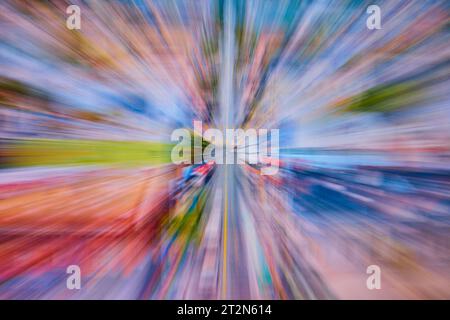 Abstract art blur with colorful blocks in burst of color from center Stock Photo