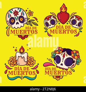hand drawn badges collection dia de muertos celebration design vector illustration Stock Vector