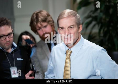 Washington, United States. 20th Oct, 2023. Rep. Jim Jordan, R-OH, speaks to the press after a closed-door House Republican caucus meeting at the U.S. Capitol in Washington, DC on Friday, October 20, 2023. The caucus will hold a speakers forum Monday evening after members voted on a secret ballot to remove Jordan as the official Speaker nominee. Photo by Bonnie Cash/UPI Credit: UPI/Alamy Live News Stock Photo