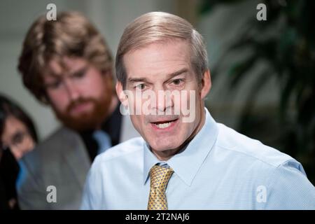 Washington, United States. 20th Oct, 2023. Rep. Jim Jordan, R-OH, speaks to the press after a closed-door House Republican caucus meeting at the U.S. Capitol in Washington, DC on Friday, October 20, 2023. The caucus will hold a speakers forum Monday evening after members voted on a secret ballot to remove Jordan as the official Speaker nominee. Photo by Bonnie Cash/UPI Credit: UPI/Alamy Live News Stock Photo
