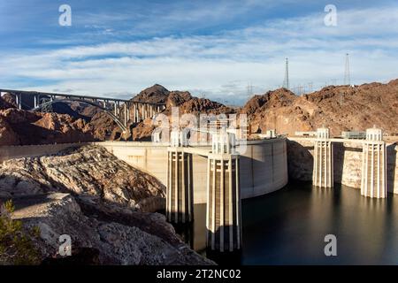 The Hoover Dam, located in the course of the Colorado River, on the border between the states of Arizona and Nevada of the United States of America. Stock Photo