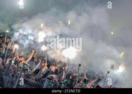 Dortmund, Germany. 20th Oct, 2023. Soccer: Bundesliga, Borussia Dortmund - Werder Bremen, Matchday 8, Signal Iduna Park: Bremen fans set off pyrotechnics. Credit: David Inderlied/dpa - IMPORTANT NOTE: In accordance with the requirements of the DFL Deutsche Fußball Liga and the DFB Deutscher Fußball-Bund, it is prohibited to use or have used photographs taken in the stadium and/or of the match in the form of sequence pictures and/or video-like photo series./dpa/Alamy Live News Stock Photo