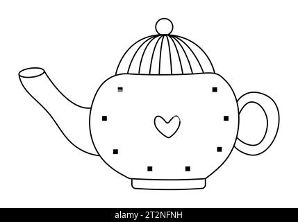 Black line round kettle with a heart and squares, cute monochrome teapot, vector illustration of teakettle Stock Vector