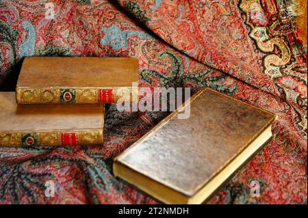 Three vintage books rest on an elaborately embroidered throw in warm light Stock Photo