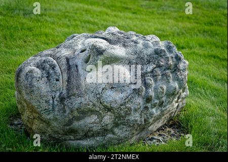 A concrete sculpture of a roman looking man's head rests in the grass outside the Native American gallery at the Fruitlands Museum – Harvard, Massachu Stock Photo