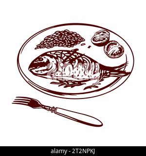 Fish, rice, tomatoes on a plate, fork. Vector illustration of food in graphic style. Menus of restaurants, cafes, food labels, covers, cards. Stock Vector