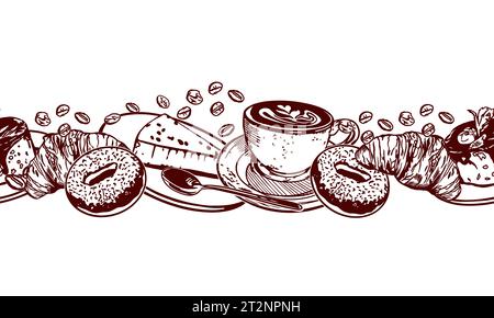Cup of coffee, donuts, croissants, cheesecake, spoon. Vector illustration of a seamless border. Graphic. Menus of restaurants, cafes, food labels. Stock Vector