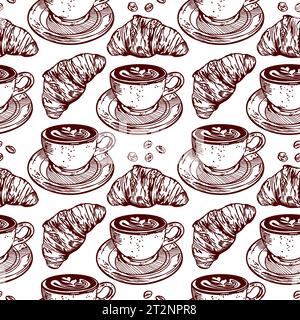 Croissants and cup of coffee. Vector illustration of a seamless pattern. Graphic. Menus of restaurants, cafes, food labels, covers, wrapping paper. Stock Vector