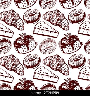 Croissant, donut, cheesecake. Vector illustration of a seamless pattern. Graphic. Menus of restaurants, cafes, food labels, covers, wrapping paper. Stock Vector