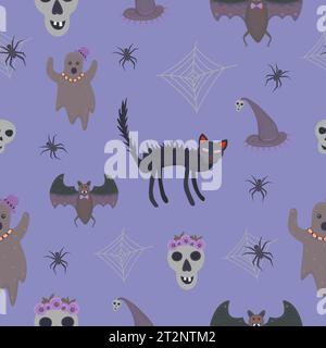 Halloween seamless pattern with spooky items, vector illustration with blue background Stock Vector