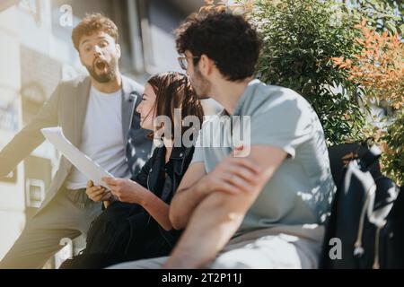 Business professionals discuss strategies for growth, analyze financial planning, collaborate on innovation, and manage budgets in a city area. Stock Photo