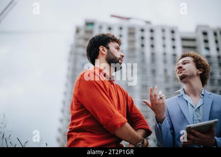 Architectural Team Discussing Project Details and Documents at Construction Site Stock Photo