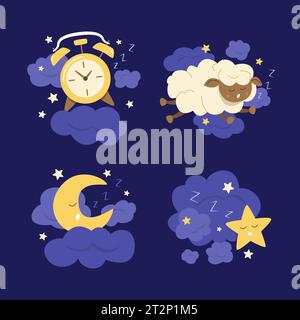 Cute Cartoon Characters Sleeping in the Night Sky Concept Flat Design Element Illustration Set Stock Vector