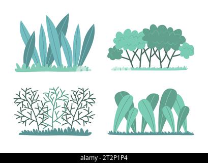 Set of Different Plants and Bushes Isolated on White Background Flat Design Illustration Stock Vector