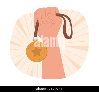 Human Hand Holding a Gold Medal for Winning Prize Concept Illustration Stock Vector