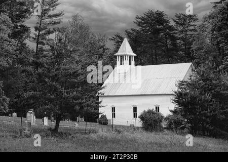 Black and White Fine Art Photograph of Pioneer Methodist Church in Cades Cove, Great Smoky Mountains National Park, Tennessee USA Stock Photo