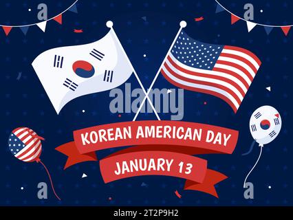 Korean American Day Vector Illustration on January 13 with USA and South Korean Flag to Commemorate Republic Of Alliance in Flat Background Design Stock Vector