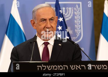 Israeli Prime Minister Benjamin Netanyahu speaking to the press during a joint press conference with U.S. Secretary of Defense Lloyd J. Austin III, in Israel on April 12, 2021. Stock Photo