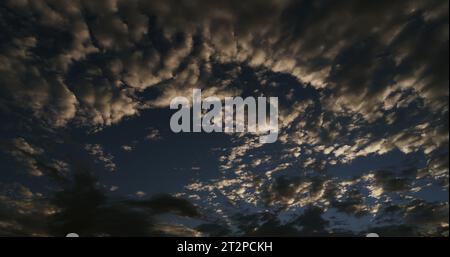 Beautiful evening sky with dreamy impressionistic white tufts of Altocumulus and Perlucidus clouds Stock Photo
