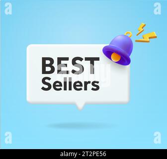 3d Best sellers label or badge with ringing bell, isolated on background. 3d chat or thinking bubble with best sellers text on it. 3d vector illustration. Vector illustration Stock Vector
