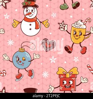 Snowman, gift and hot chocolate mug dancing, ball is skating. Cute old retro cartoon style characters. Knitted ugly sweater. Seamless pattern for wall Stock Vector