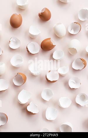 Springtime easter layout. Empty broken chicken eggshells. Stock Photo