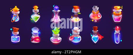 Game assets set of glass bottles with magic potion and elixir. Cartoon vector illustration of flasks with glowing neon colored spells. Wizard or alche Stock Vector