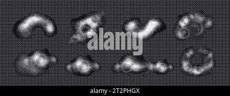 Realistic set of bath foam splashes isolated on transparent background. Vector illustration of white soap sud with air bubbles, shampoo lather, washin Stock Vector