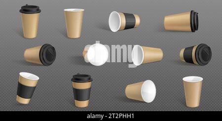 Realistic set of craft paper cups isolated on transparent background. Vector illustration of disposable cardboard container for drink to-go with blank Stock Vector