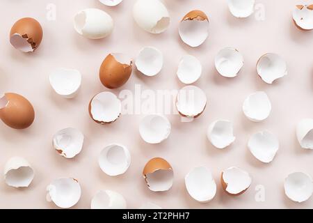 Springtime easter layout. Empty broken chicken eggshells. Stock Photo