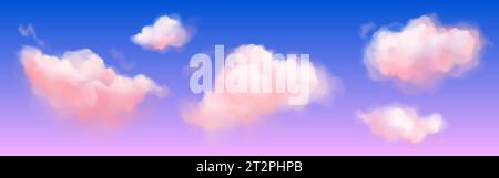 Pink soft fluffy clouds on violet-blue gradient sky. Realistic vector illustration set of magic and dream pastel cumulus looks like candy cotton. Abst Stock Vector