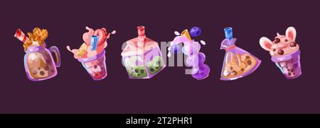 Bubble tea cartoon vector set - cute cold boba drink in glass and plastic cups with chocolate pearl, fruits and decoration. Various fresh dessert deli Stock Vector