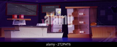 Abandoned cafe with dusty furniture and broken glass. Vector cartoon illustration of bankrupt coffee shop interior, stale bread, mouse on shelf, dirty Stock Vector