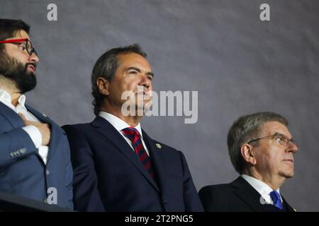 Santiago, Chile, USA. 20th Oct, 2023. Santiago (CHL), 10/20/2023 - CEREMONY/OPENING/GAMES/PAN-AMERICAN/CHILE -The President of Chile, Gabriel Boric and President Panam Sports, Neven Ilic and President of the International Olympic Committee (IOC), Thomas Bach, participate in the Opening Ceremony of the 2023 Pan American Games will take place in Santiago from October 20th to November 5th with an aerial display of fighter jets, musical performances, parades from participating countries Important authorities. (Credit Image: © Leco Viana/TheNEWS2 via ZUMA Press Wire) EDITORIAL USAGE ONLY! Not for C Stock Photo