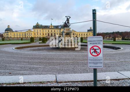 warning shield in front of drottningholm palace just outside stockholm. It says forbidden to fly with drones. Stock Photo