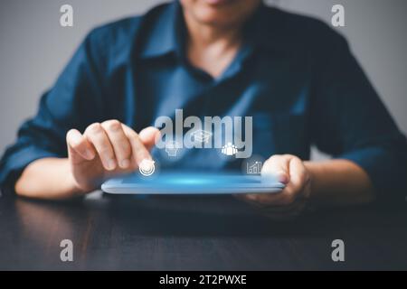 Education technology, Training online, Education webinar, Person hand working on digital tablet with VR screen training online icon background, educat Stock Photo