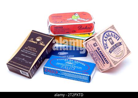 Mixture of Different Brands of Tinned Fish Stock Photo