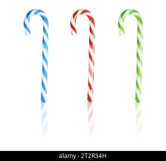 Christmas candy cane three colors isolated on white background Stock Photo