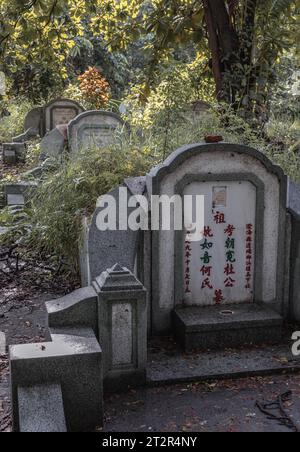 Bangkok, Thailand - 22 Sep, 2023 - Traditional chinese graves are at Tio Chew Chinese Cemetery in Bangkok. A rows of gray stone tombstones with Chines Stock Photo